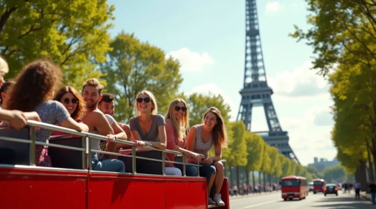 Open-top hop-on hop-off bus cruising past iconic Paris landmarks like the Eiffel Tower on a sunny day