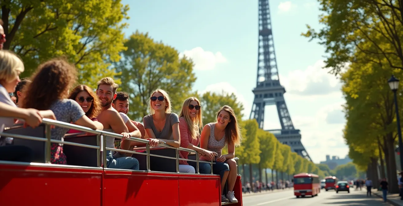 Open-top hop-on hop-off bus cruising past iconic Paris landmarks like the Eiffel Tower on a sunny day