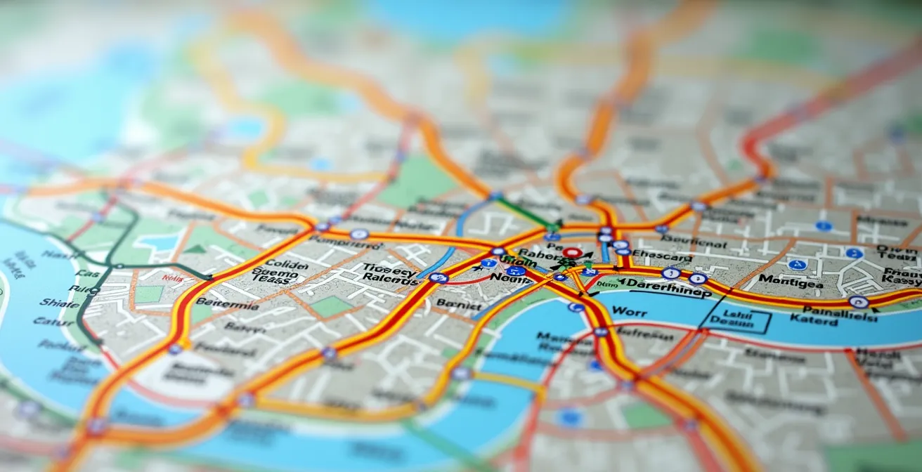 Urban map with combined bus routes and metro lines illustrating a flexible travel plan