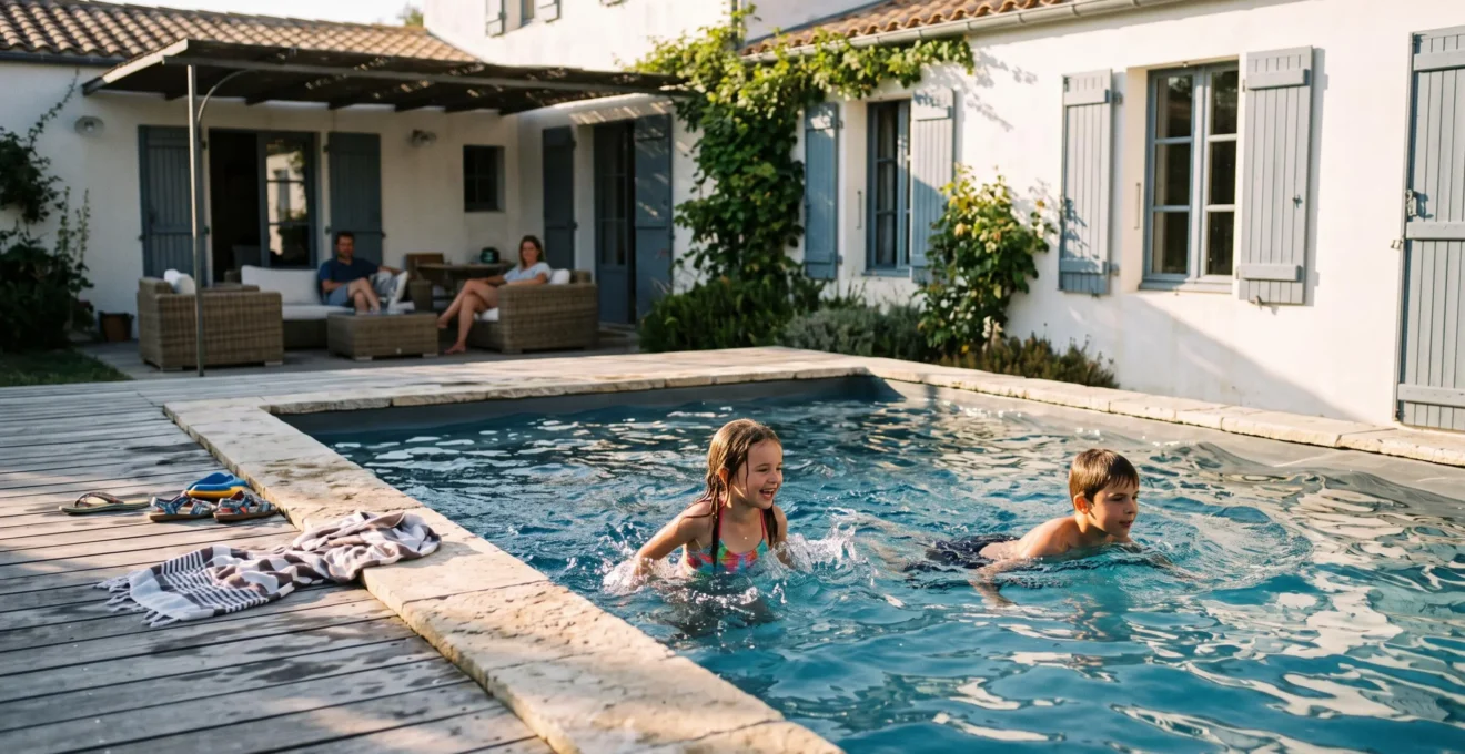Children swimming in a private villa pool while parents watch from the terrace.