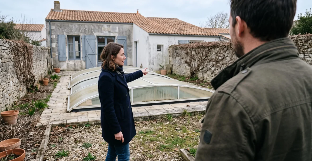 Couple inspecting a villa with an empty covered pool during an off-season visit.