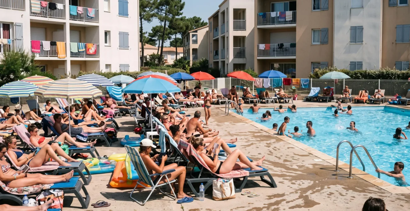 Holidaymakers sharing a crowded communal resort pool with parasols and loungers.