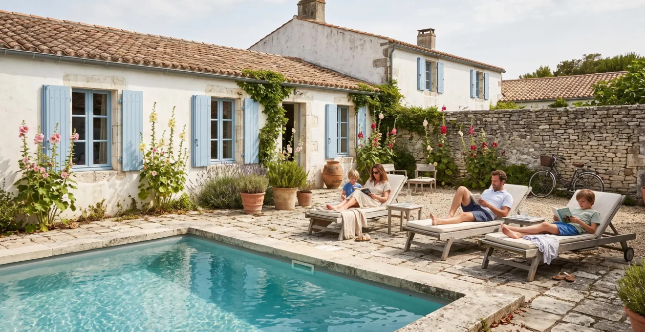 Family relaxing by the private pool of a whitewashed villa on Île de Ré.