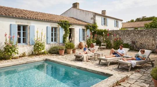 Family relaxing by the private pool of a whitewashed villa on Île de Ré.